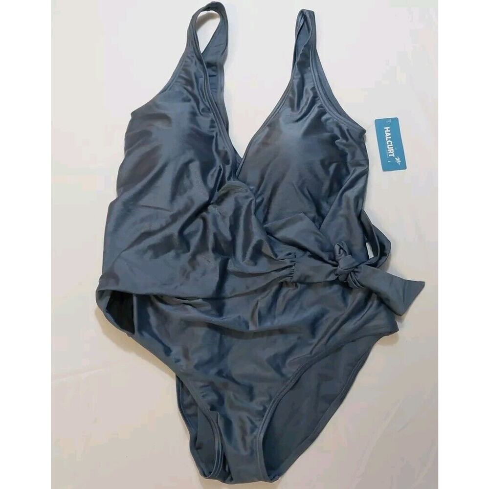 Halcurt Women's Plus Size Metallic‎ Blue Adjustable Tie Front Swimwear Sz 1x NWT